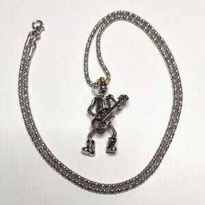 Stainless Necklace Dancing Skeleton Guitar Player Gold Hat Birthday Valentines